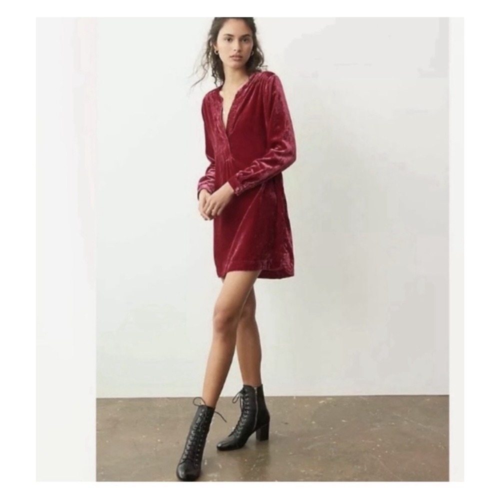 Anthropologie Melody Velvet Tunic Dress Pockets Raspberry Red Fuchsia  XS Chic